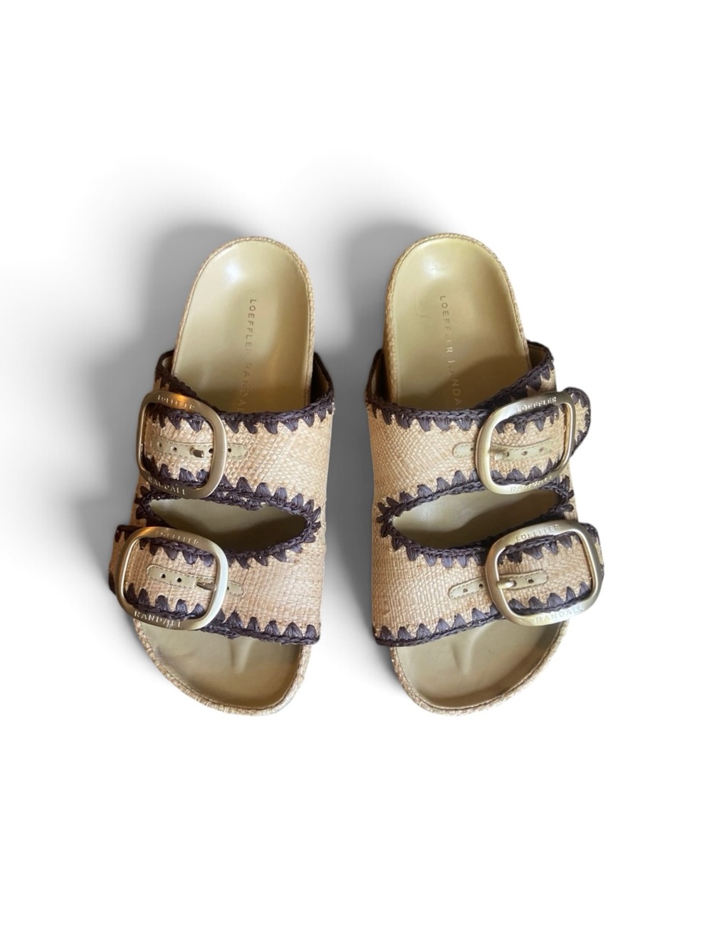 Loeffler Randall Tan and Brown Double Buckle Slide Sandals Sz. 6
